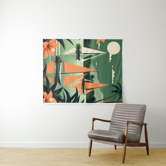 tropisch strand en zeilboten Retro Wandkleed (In Situ (horizontaal))