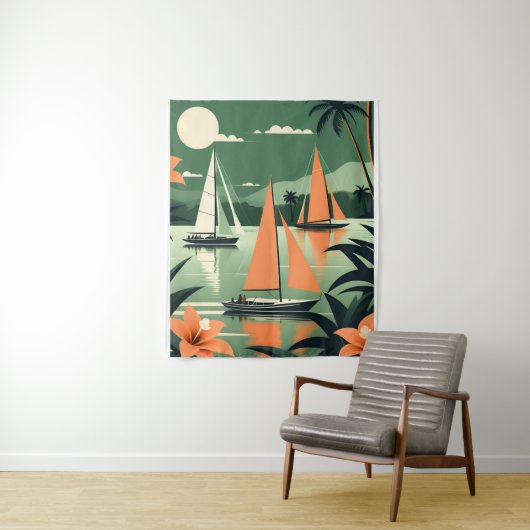 tropisch strand en zeilboten Retro Wandkleed (In situ)