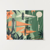 tropisch strand en zeilboten Retro Wandkleed (Voorkant (horizontaal))