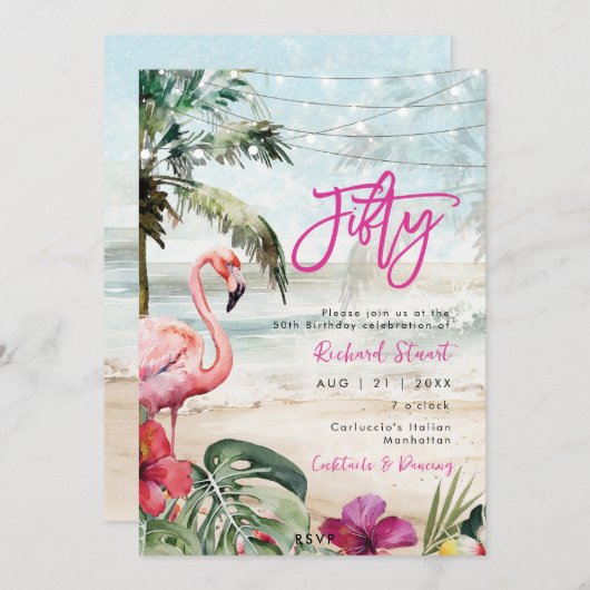 Tropisch strand flamingo 50ste verjaardagsfeestje kaart (Voorkant / Achterkant)