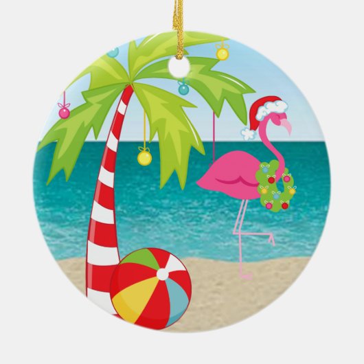 Tropisch strand Flamingo Palm Kerst Ornament (Achterkant)
