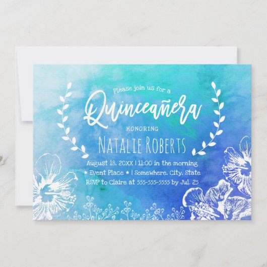 Tropisch strand Floral Blue Waterverf Quinceanera Kaart (Voorkant)
