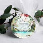 Tropisch strand Floral Palm Wedding Favor Ronde Sticker<br><div class="desc">Voeg een speciale aanraking toe aan enveloppen, goodezakken, handgemaakte behandelingen en nog veel meer met onze elegante tropische stickers. Voeg uw douanetekst aan dit ontwerp toe door de "Edit this design sjabloon"vakjes op de rechterkant van het punt te gebruiken, of de blauwe "pas het"knoop aan om de tekst te schikken,...</div>