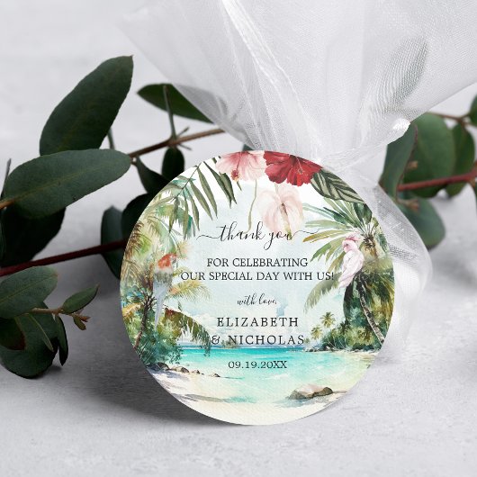 Tropisch strand Floral Palm Wedding Favor Ronde Sticker
