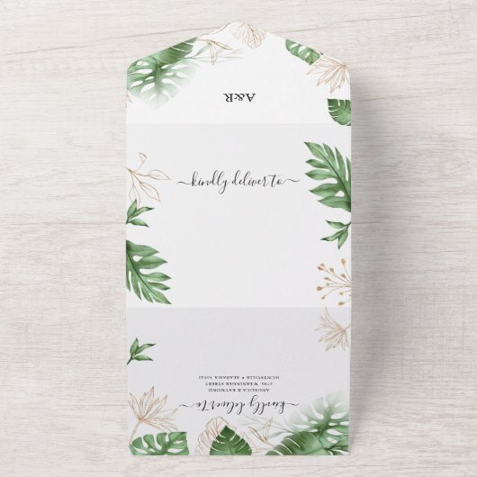 Tropisch strand Foliage & Gold Elegant Wedding All In One Uitnodiging (Buitenkant)