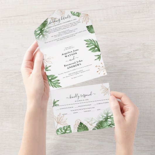Tropisch strand Foliage & Gold Elegant Wedding All In One Uitnodiging (Afscheurbaar)