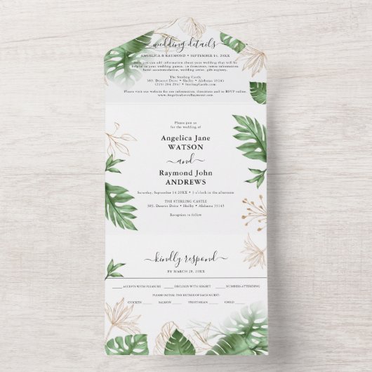 Tropisch strand Foliage & Gold Elegant Wedding All In One Uitnodiging (Binnen)