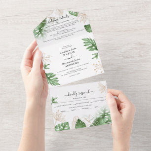 Tropisch strand Foliage & Gold Elegant Wedding All In One Uitnodiging