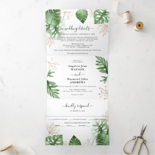 Tropisch strand Foliage & Gold Elegant Wedding Drieluik Uitnodiging
