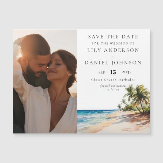 Tropisch strand foto bruiloft bewaart de datum magnetische uitnodiging (Voorkant)