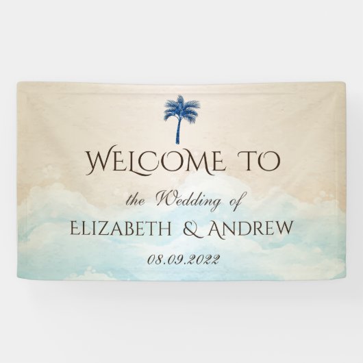 Tropisch strand glitter palm bruiloft spandoek (Horizontaal)