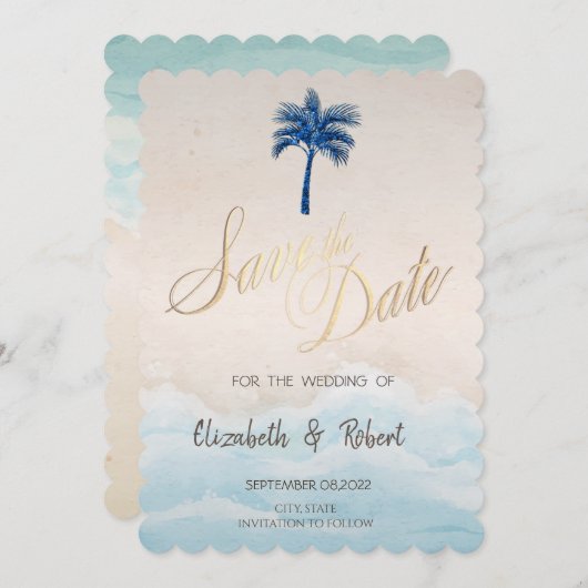 Tropisch strand Glitter Palm Save The Date (Voorkant / Achterkant)