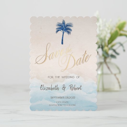 Tropisch strand Glitter Palm Save The Date (Staand voorkant)