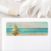 Tropisch, strand, gouden kerstboom, sneeuwvlokken etiket (Insitu)