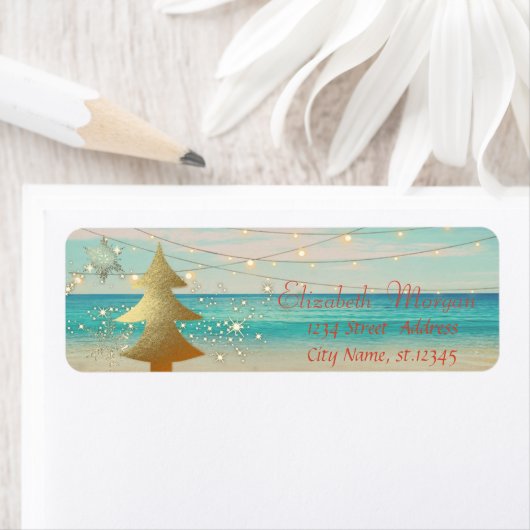 Tropisch, strand, gouden kerstboom, sneeuwvlokken etiket (Insitu)