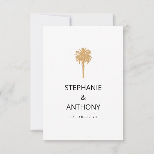 Tropisch strand gouden palmboom bestemming bruilof RSVP kaartje (Achterkant)
