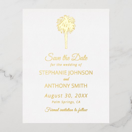 Tropisch strand gouden palmboom bestemmingshuwelij folie uitnodiging briefkaart (Voorkant)