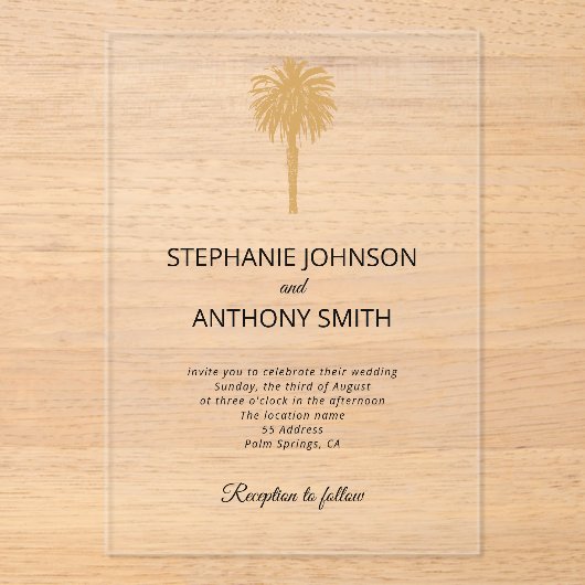 Tropisch strand goudpalm, bestemming bruiloft acryl uitnodigingen (Voorkant)