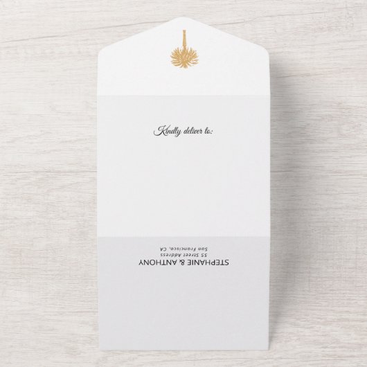 Tropisch strand goudpalm, bestemming bruiloft all in one uitnodiging (Buitenkant)