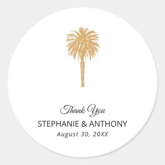 Tropisch strand goudpalm, bestemming bruiloft ronde sticker (Voorkant)