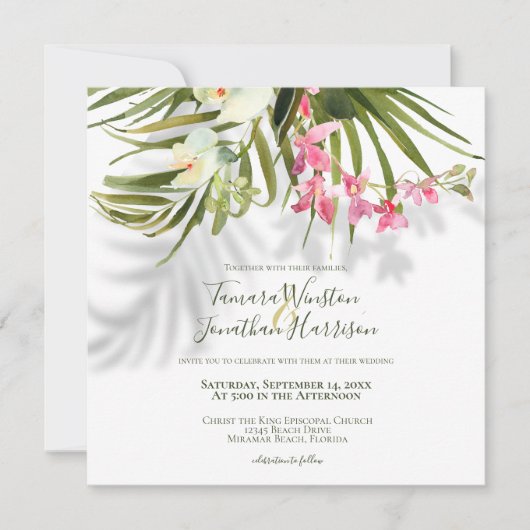 Tropisch strand Greenery Pink Floral Wedding Kaart (Voorkant)