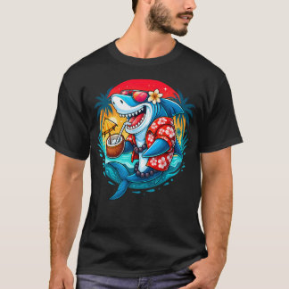 Tropisch strand haai kokosdrank zomer t-shirt