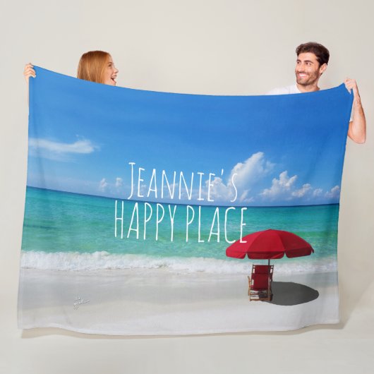 Tropisch strand Happy Place Jouw naam Red umbrella Fleece Deken (In situ)