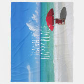 Tropisch strand Happy Place Jouw naam Red umbrella Fleece Deken (Voorkant)