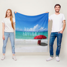 Tropisch strand Happy Place Jouw naam Red umbrella Fleece Deken
