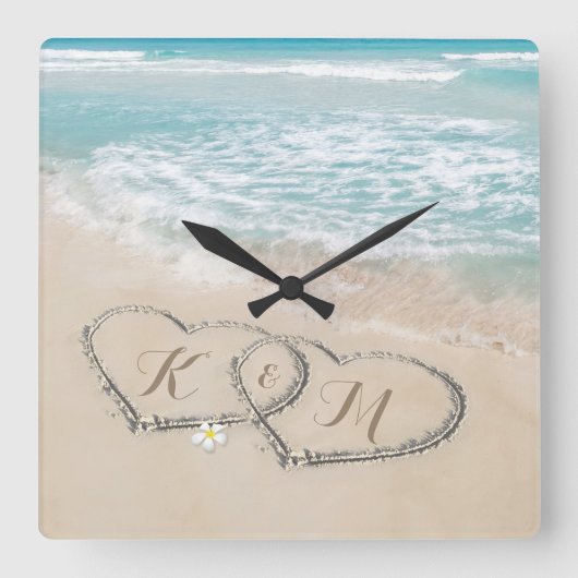 Tropisch strand hart kust monogram vierkante klok (Voorkant)