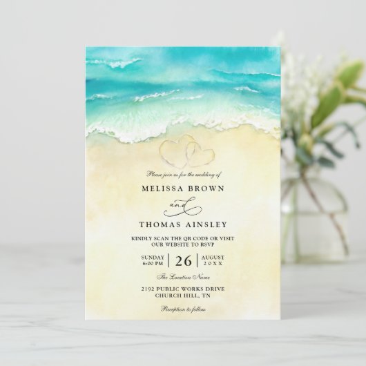 Tropisch Strand Hart Watercolor QR Code Huwelijk Kaart (Staand voorkant)