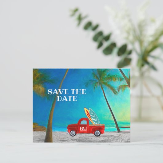 Tropisch strand Hawaii palm Surfboards Red Truck Briefkaart (Staand voorkant)