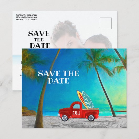 Tropisch strand Hawaii palm Surfboards Red Truck Briefkaart (Voorkant / Achterkant)
