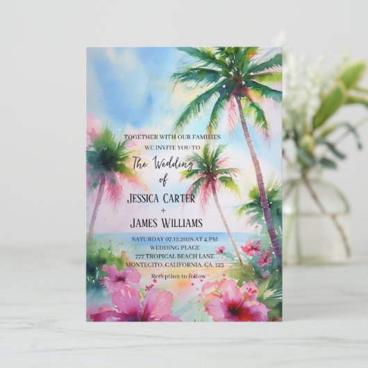 Tropisch strand Hawaiian Hibiscus bruiloft Kaart (Staand voorkant)