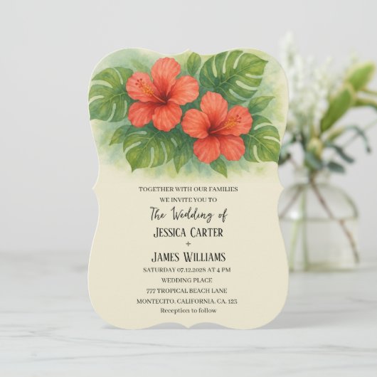 Tropisch strand Hawaiian Hibiscus bruiloft Kaart (Staand voorkant)