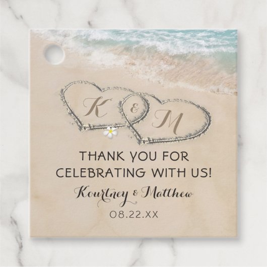 Tropisch strand Heart Shore Weddenschap Bedankjes Labels (Voorkant)