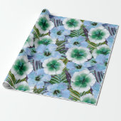 Tropisch strand Hibiscus - blauw en groen Cadeaupapier (Uitgerold)
