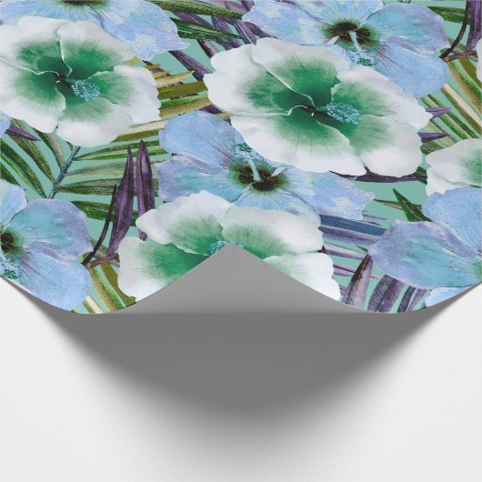 Tropisch strand Hibiscus - blauw en groen Cadeaupapier (Hoek)