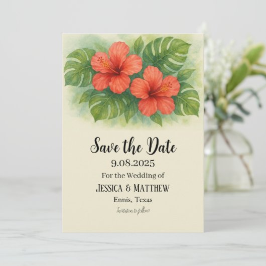 Tropisch strand Hibiscus bloemen bruiloft Kaart (Staand voorkant)