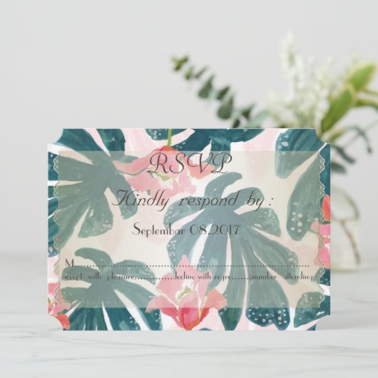 Tropisch strand Hibiscus palmenbladeren RSVP Kaart (Staand voorkant)