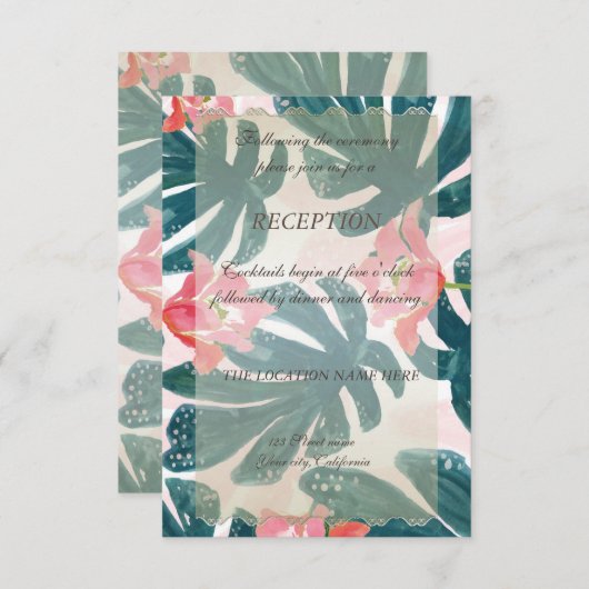 Tropisch strand Hibiskus Palm Leaves Reception Kaart (Voorkant / Achterkant)
