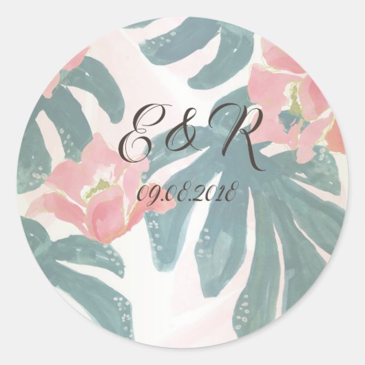 Tropisch strand Hibiskus Palm Leaves Ronde Sticker (Voorkant)
