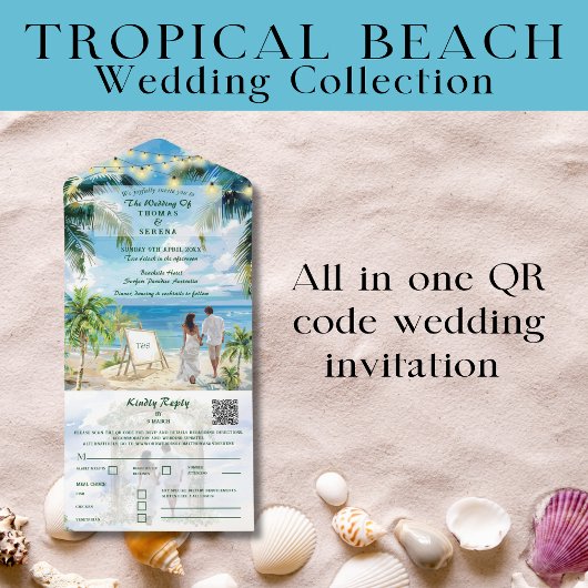 Tropisch Strand Huwelijk QR Code Aqua All In One Uitnodiging