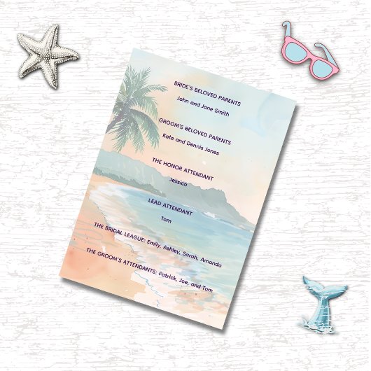 Tropisch strand huwelijksceremonie programma kaart