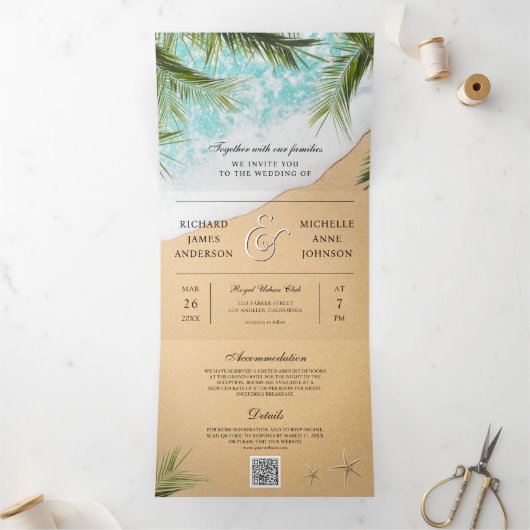 Tropisch strand in één QR-code bruiloft Drieluik Uitnodiging (Binnen)