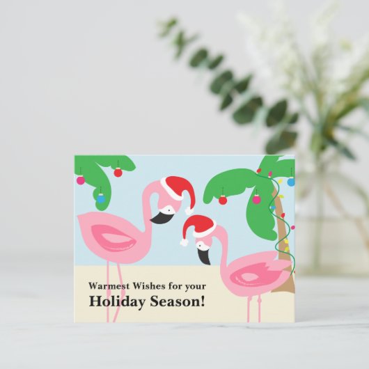 Tropisch strand Kerstmis Flamingo's Feestdagenkaart (Staand voorkant)