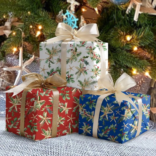 Tropisch strand Kerstmis Starfish en Holly Inpakpapier Vel