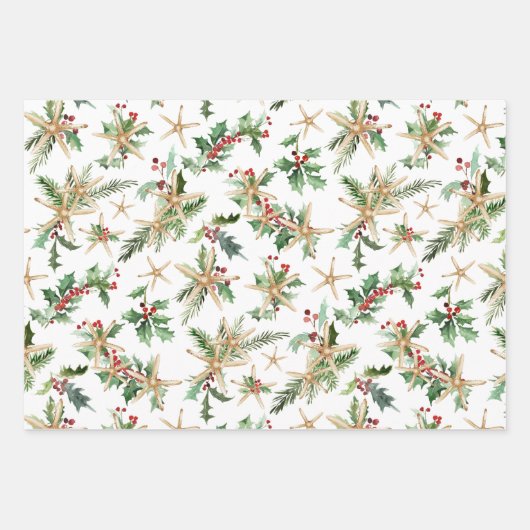Tropisch strand Kerstmis Starfish en Holly Inpakpapier Vel (Voorkant)