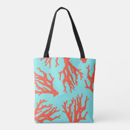 Tropisch strand koraal patroon, rood turquoise tote bag