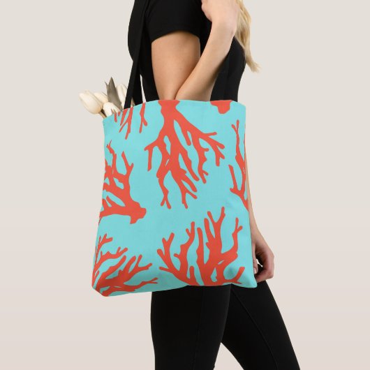 Tropisch strand koraal patroon, rood turquoise tote bag (Dichtbij)